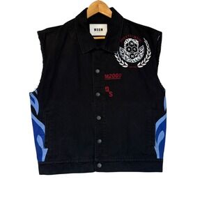 MSGM Milano Black Sleeveless Denim Vest Flame Print M2000 Polytechnic 50 (M)